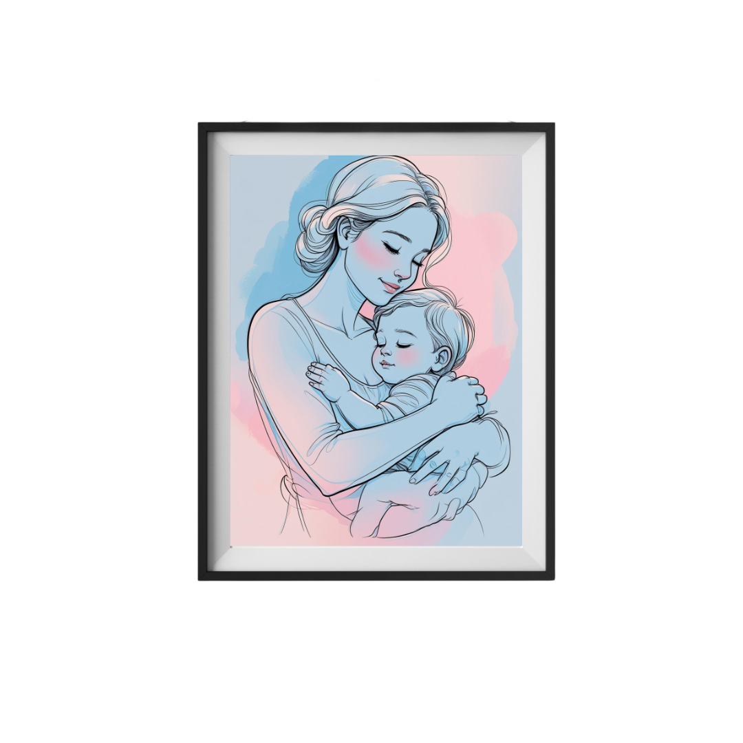 Framed artwork of a mother holding a child with a watercolor background
