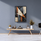Modern interior with abstract art on a gray wall, wooden console table, and decorative items.