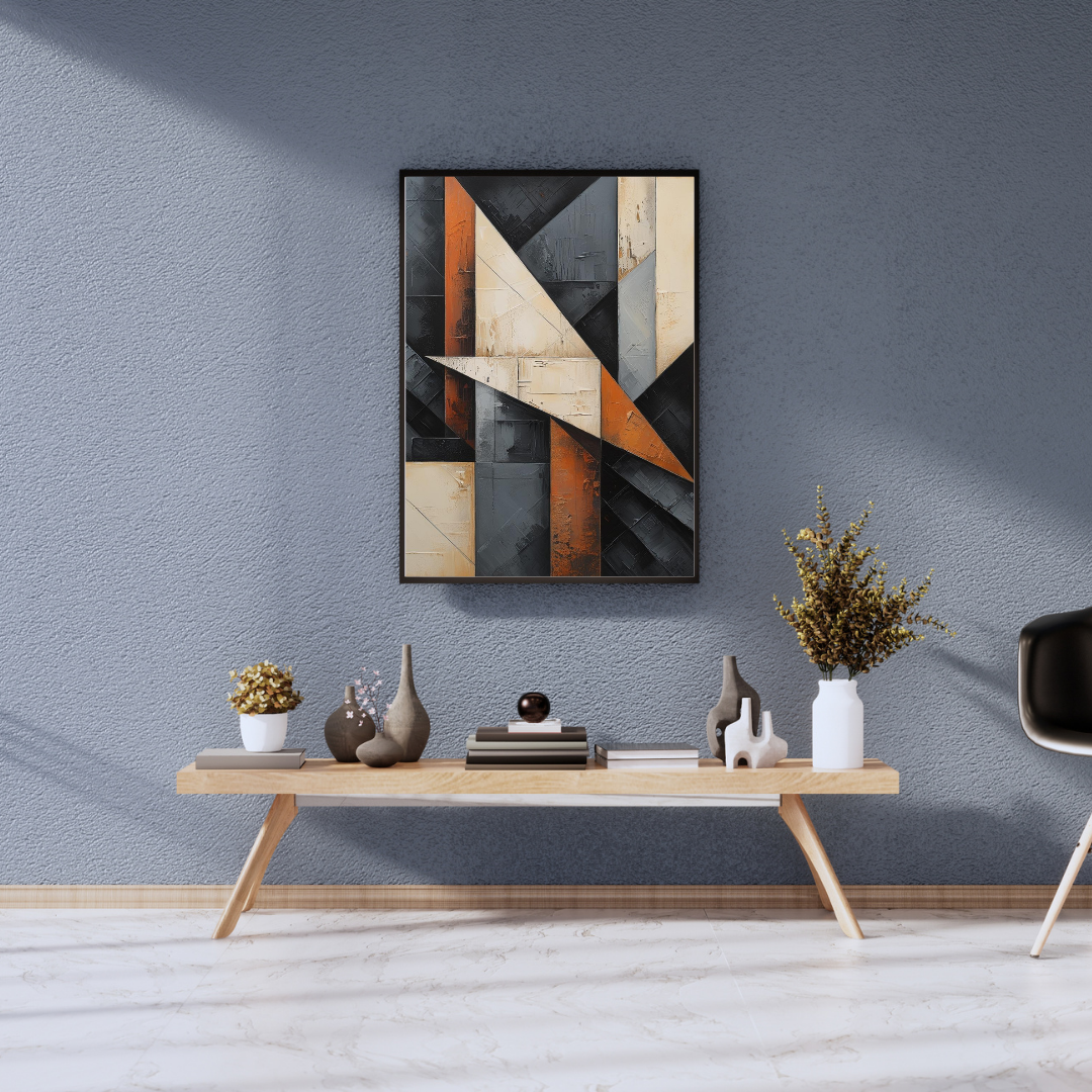 Modern interior with abstract art on a gray wall, wooden console table, and decorative items.