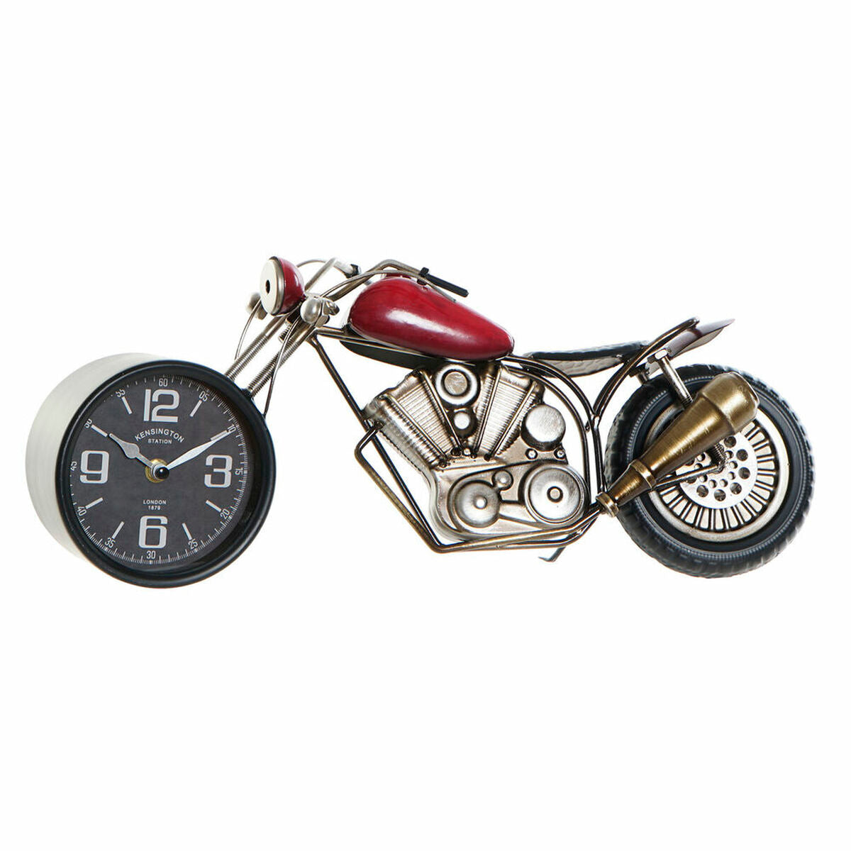 Motorcycle-shaped clock with a black face on a white background