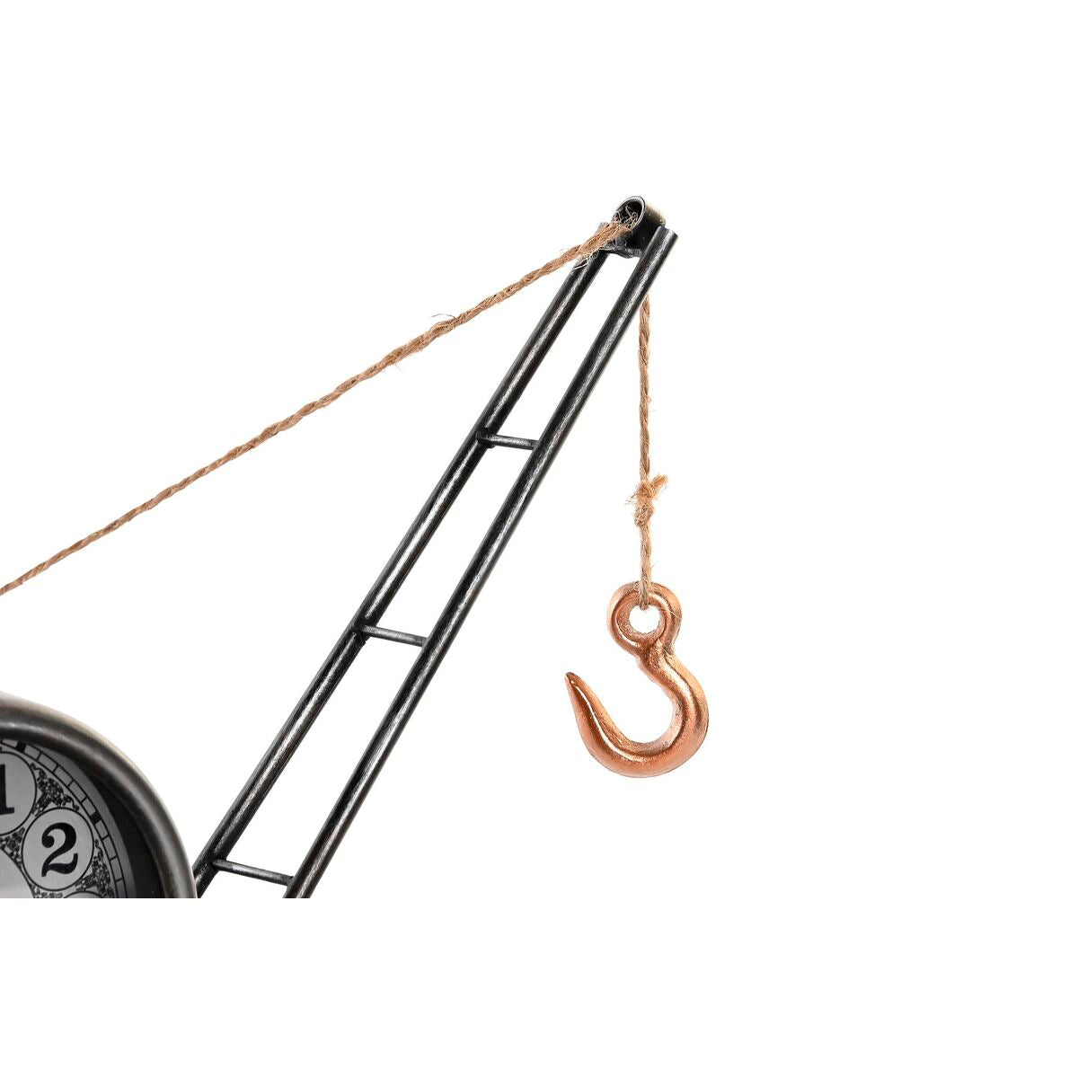 Metal pulley system with a hook on a white background