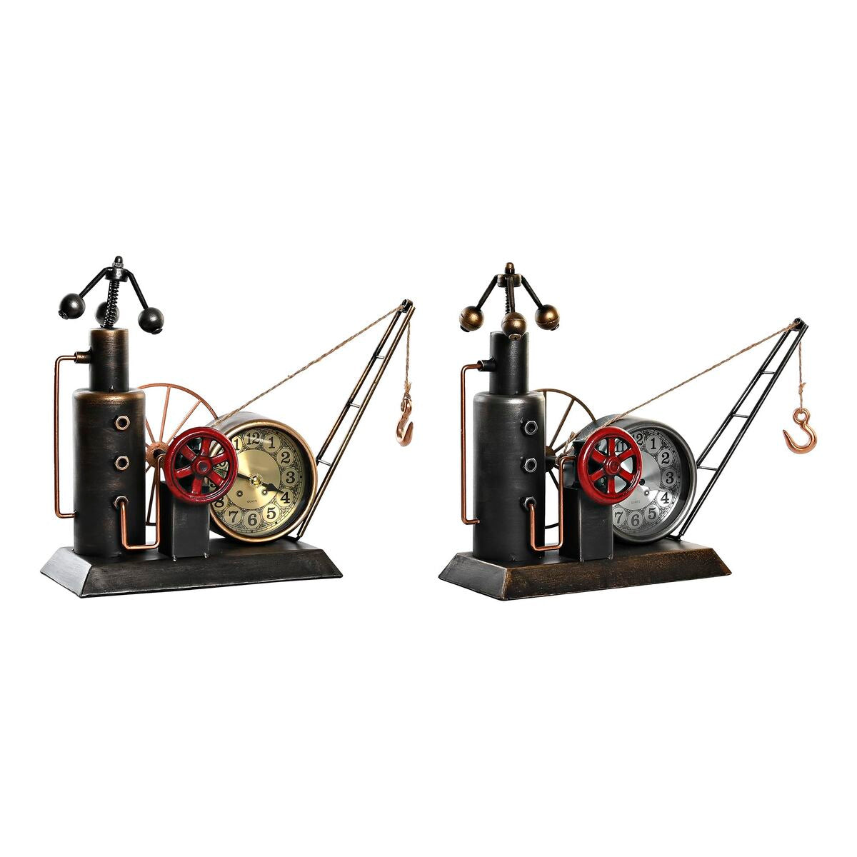 Two metal clock sculptures with gears and pulleys on a white background