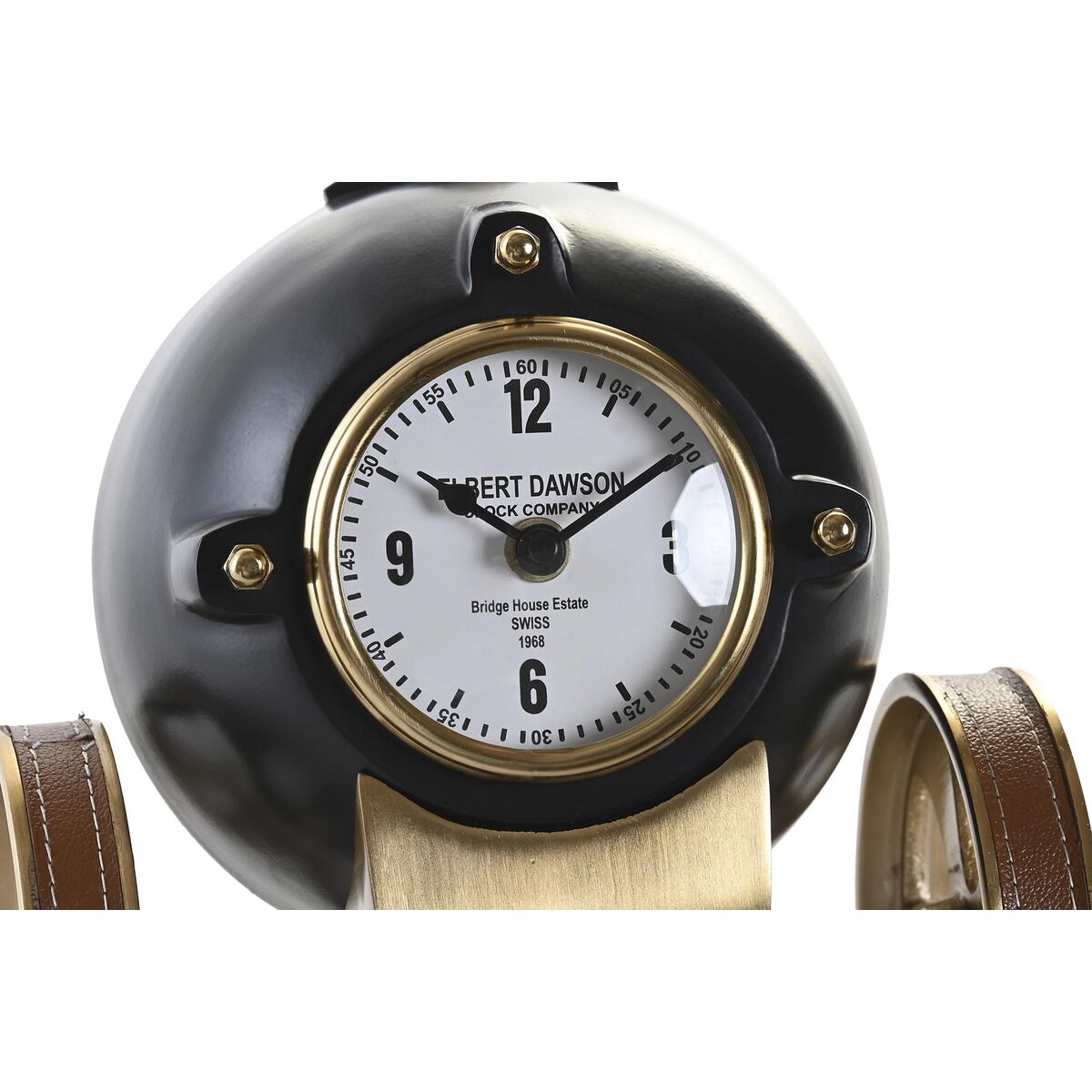 Decorative clock with black and gold design on a white background