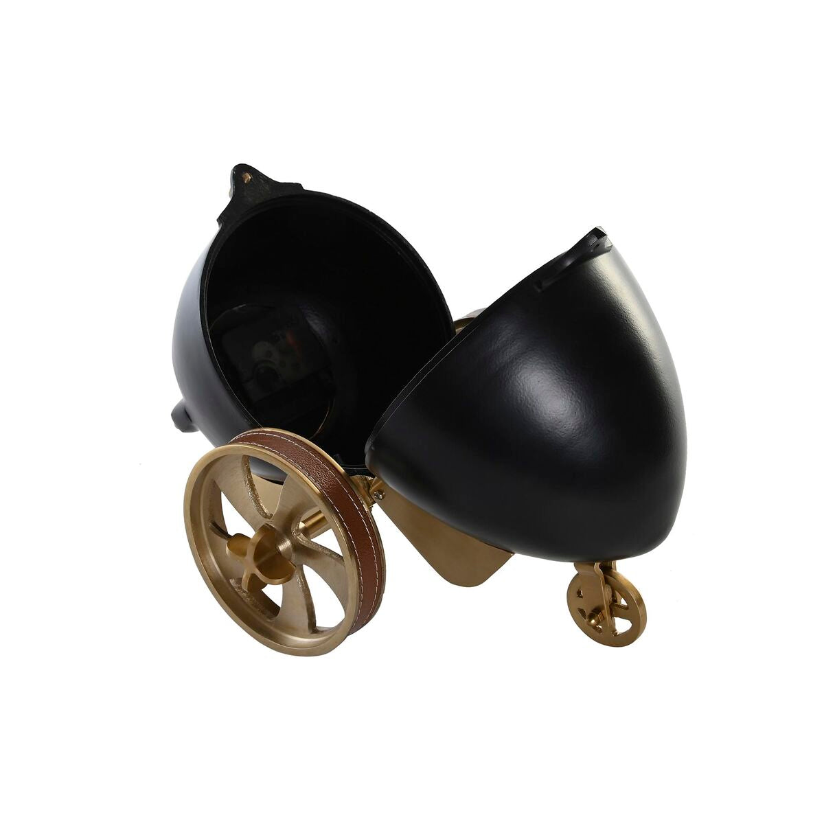 Black decorative item resembling a vintage car on a white background