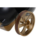 Close-up of a vintage-style vehicle wheel with brass hub and brown leather rim on a white background.