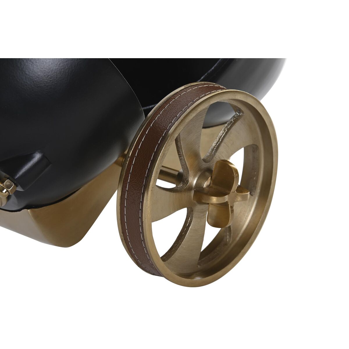 Close-up of a vintage-style vehicle wheel with brass hub and brown leather rim on a white background.