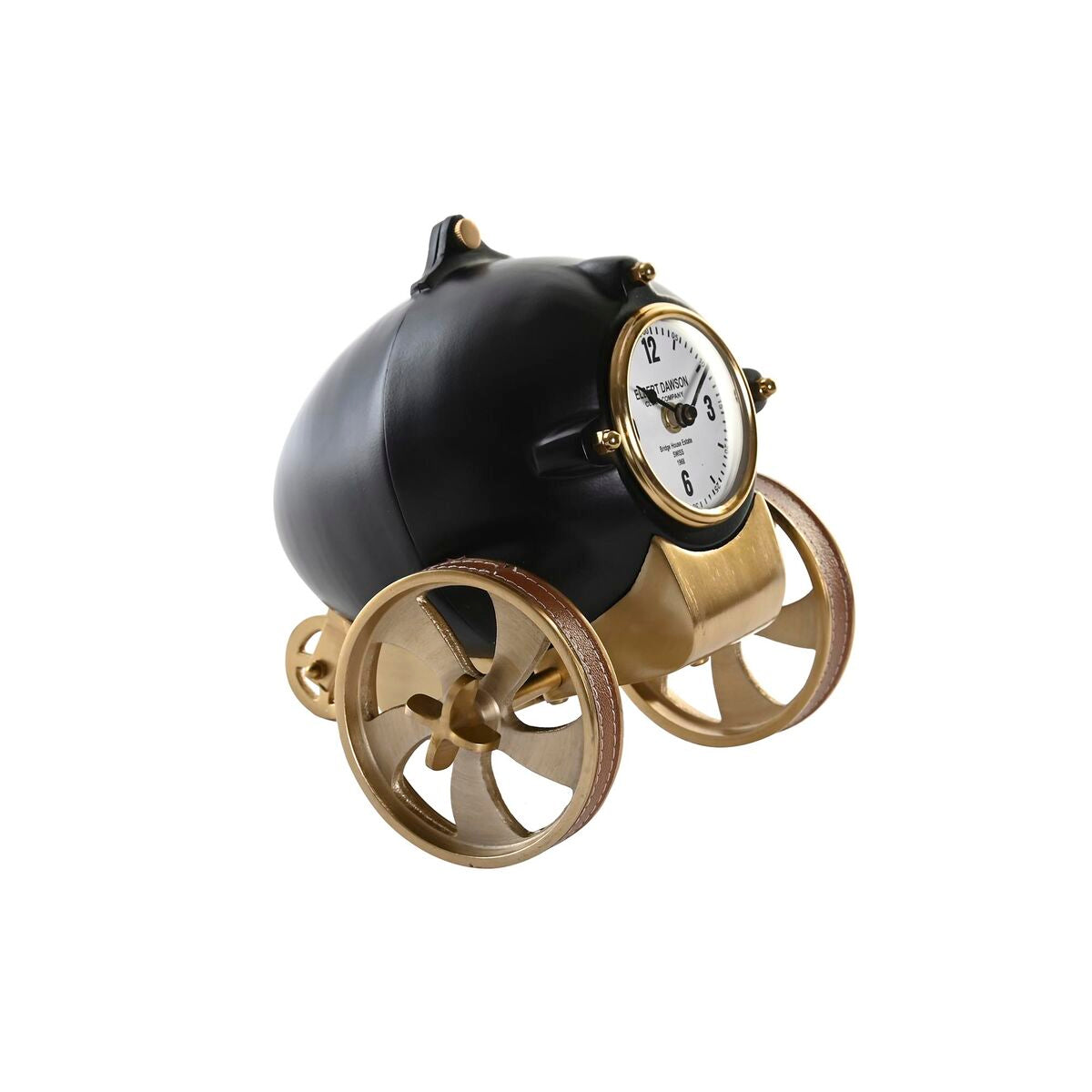 Vintage-style clock with black body and gold wheels on a white background