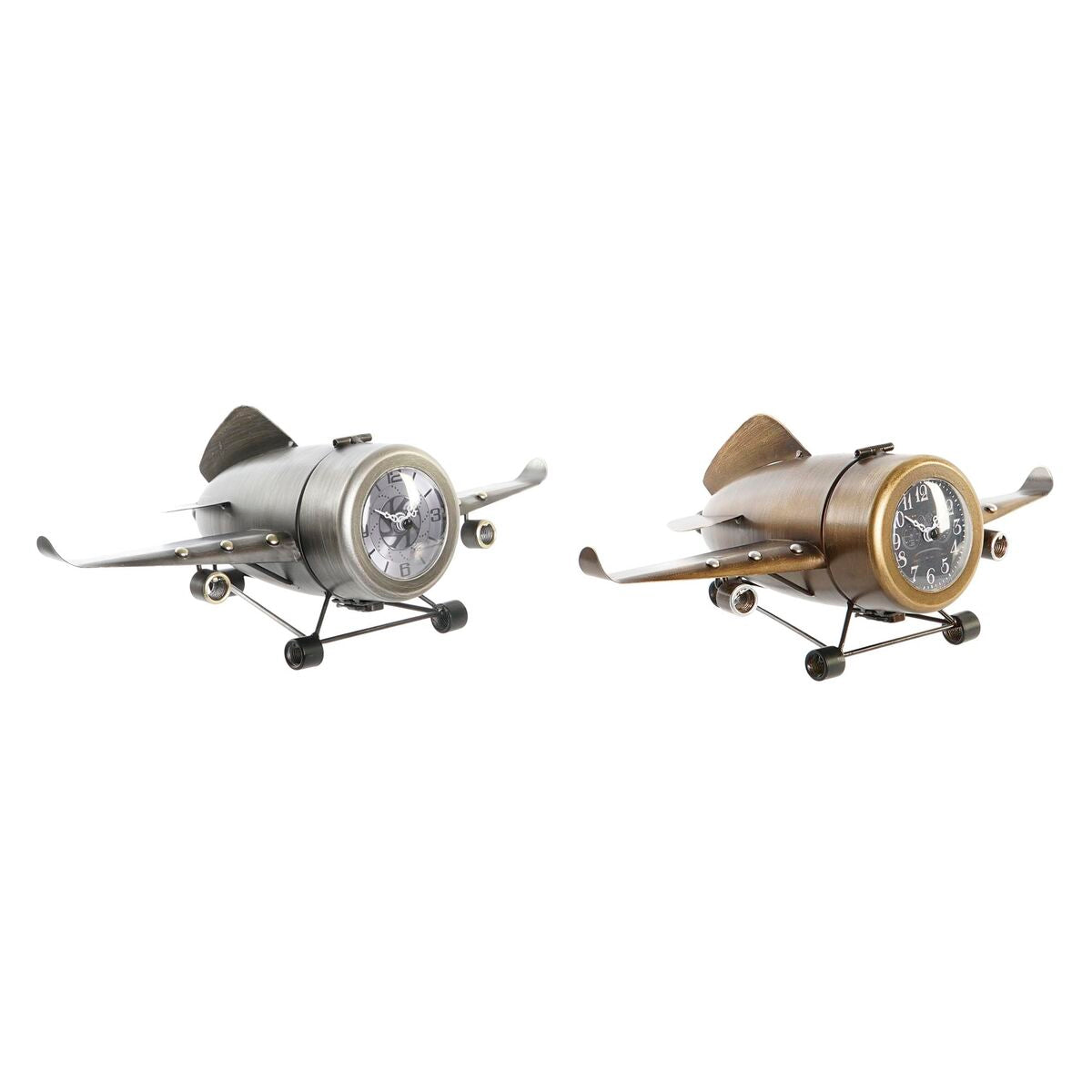 Two airplane-shaped clocks on a white background