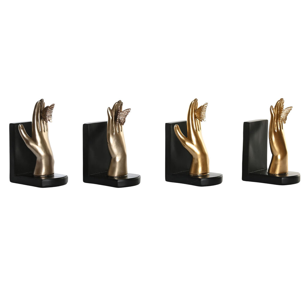Four gold hand-shaped bookends on a white background