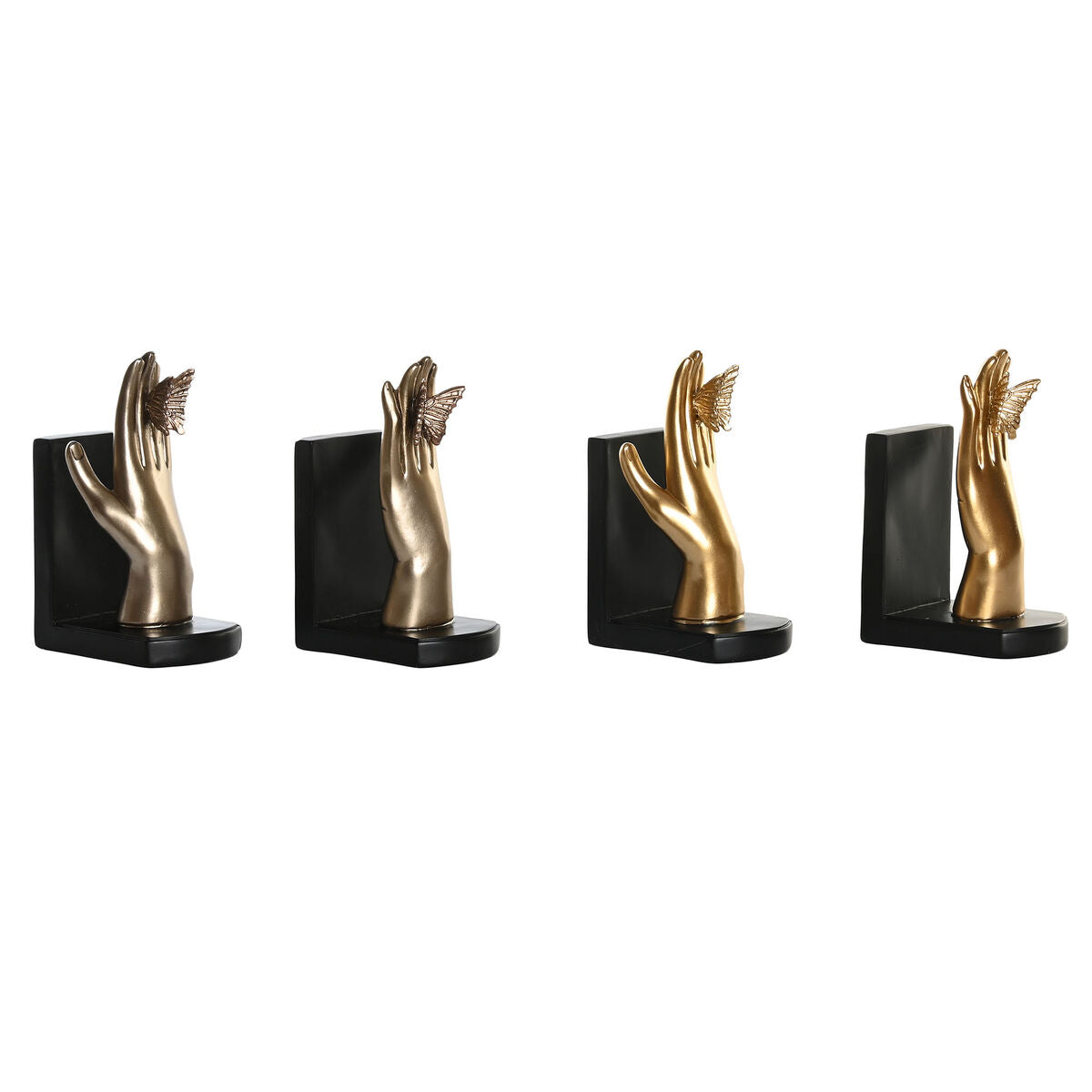 Four gold hand-shaped bookends on a white background
