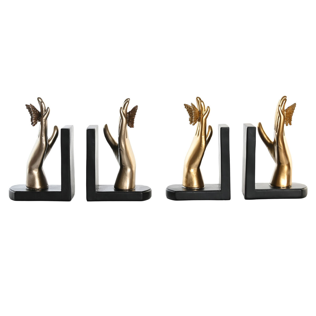 Set of four decorative bookends with gold hands and butterflies on a white background