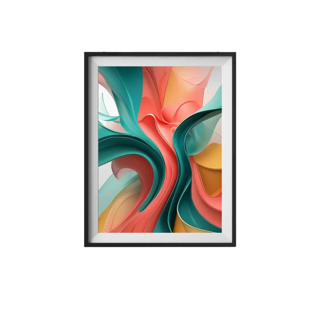 Framed abstract artwork with colorful swirling design on a white background