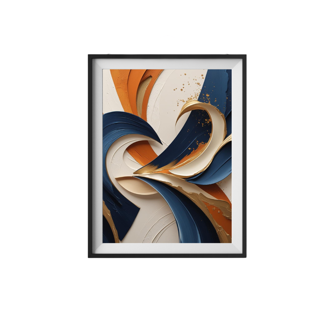 Framed abstract art print with swirling colors on a white background