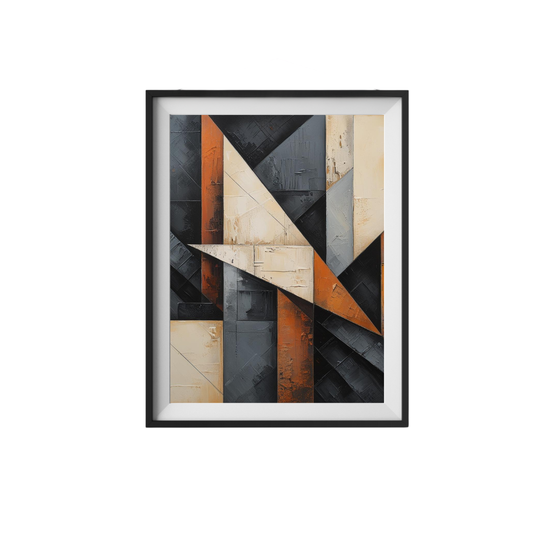 Framed abstract art print with geometric shapes on a white background