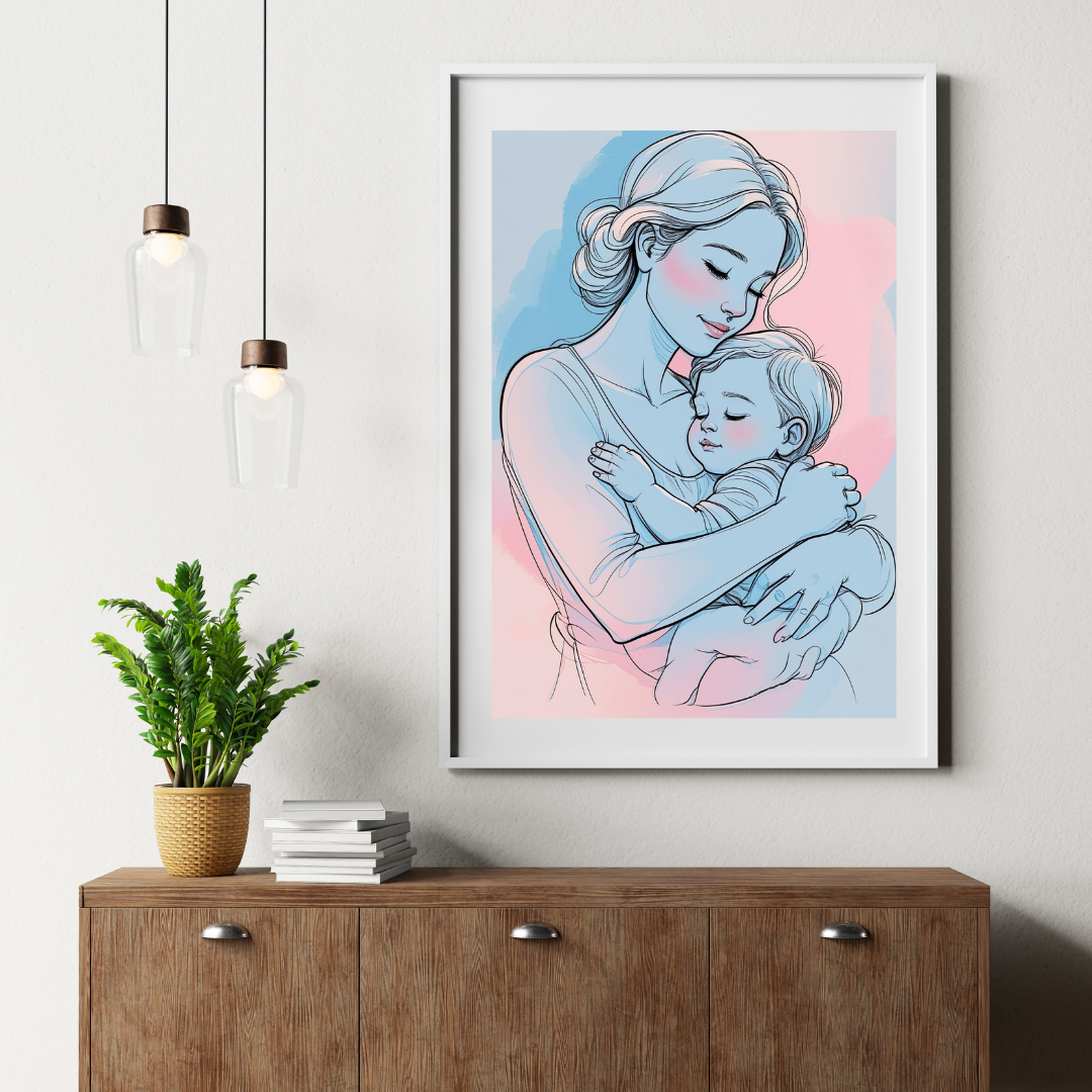 Framed artwork of a mother holding a child on a wall above a wooden cabinet with a plant and books.