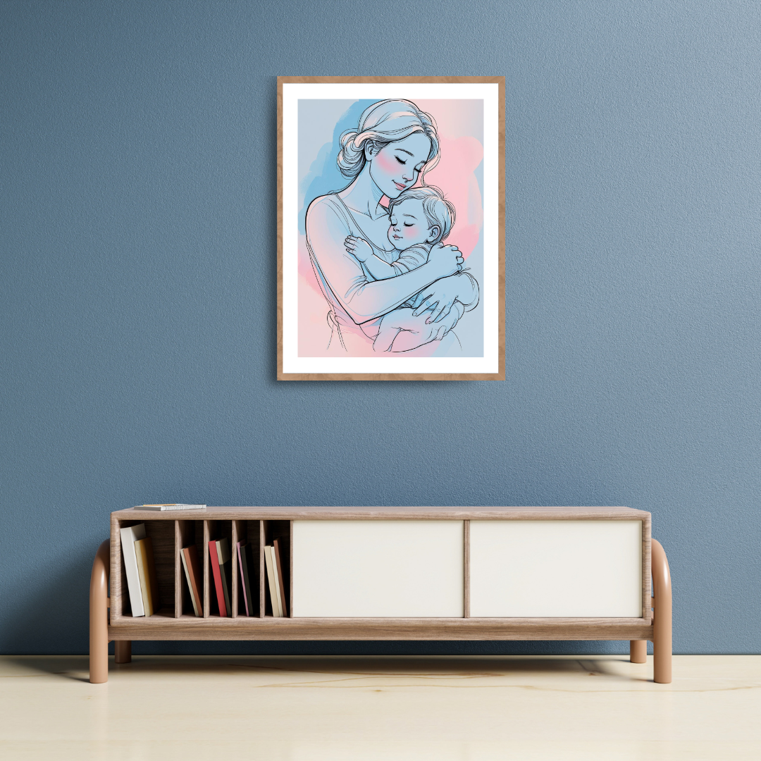 Framed artwork of a mother and child on a blue wall above a wooden shelf.