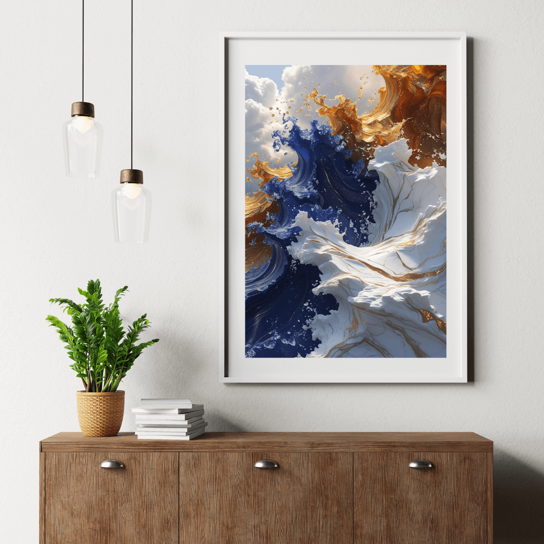Framed abstract art piece on a wall above a wooden cabinet with a plant and books.