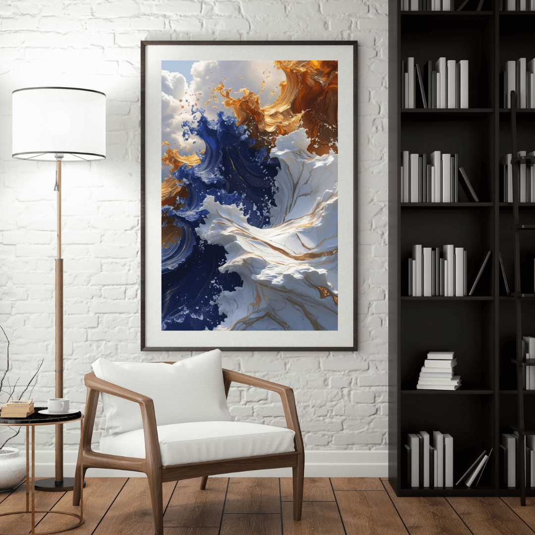 Framed abstract art piece in a living room setting with a chair and bookshelf.