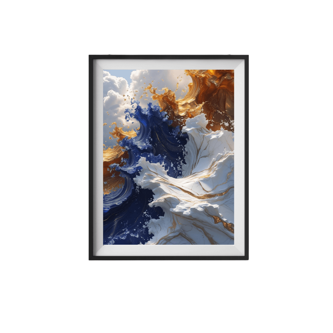 Framed abstract artwork with blue, gold, and white colors on a white background