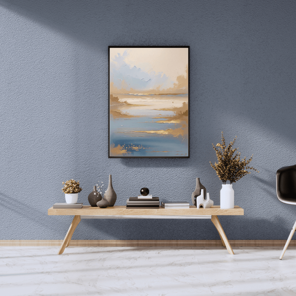 Modern interior with a wooden console table against a gray wall, featuring decorative items and a framed abstract painting.