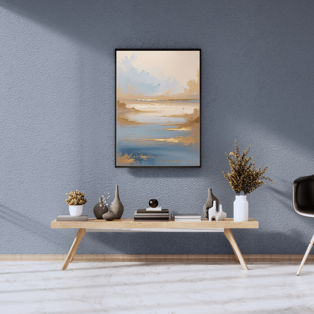 Modern interior with a wooden console table against a gray wall, featuring decorative items and a framed abstract painting.