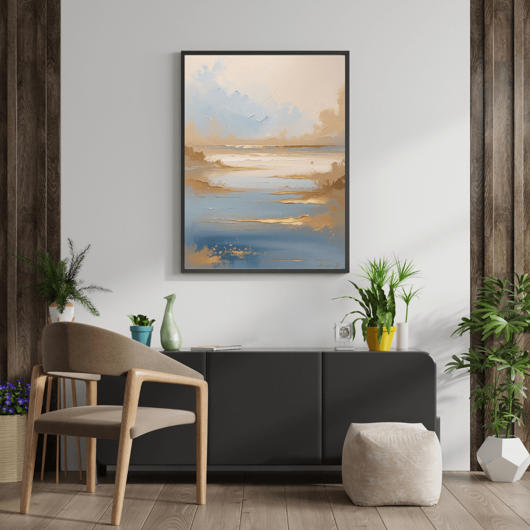 Modern interior with a painting of a sunset over water, a chair, and decorative plants.