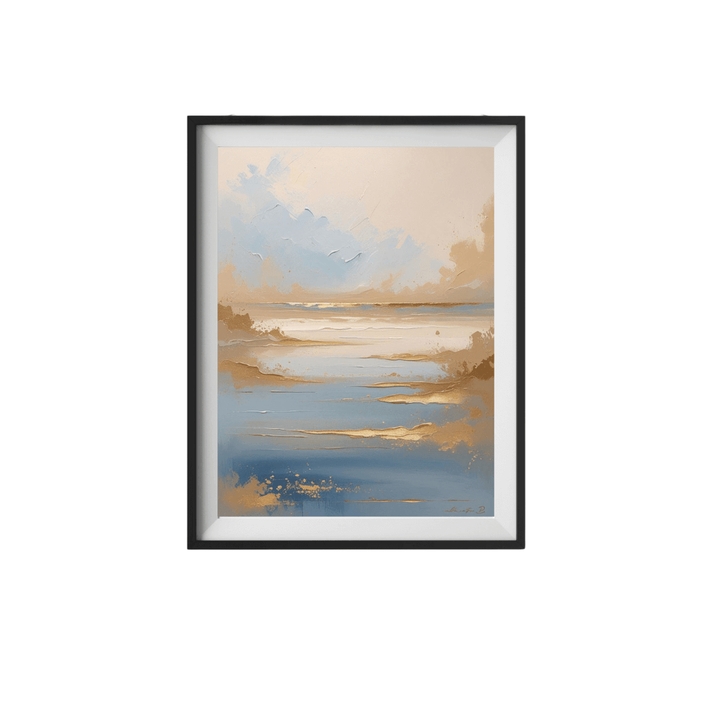 Framed artwork of a sunset over water with soft colors on a white background