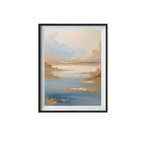 Framed artwork of a sunset over water with soft colors on a white background