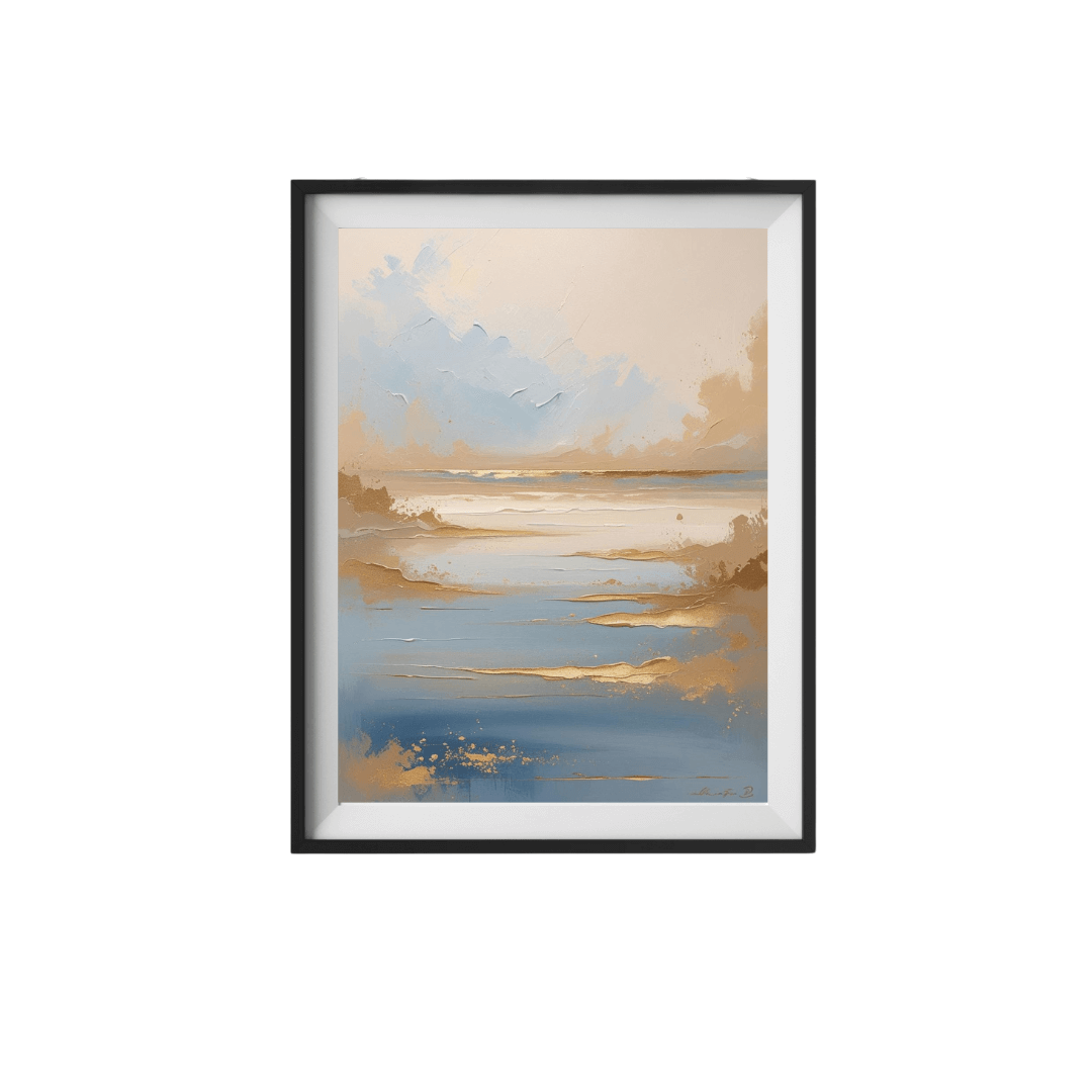 Framed artwork of a sunset over water with soft colors on a white background