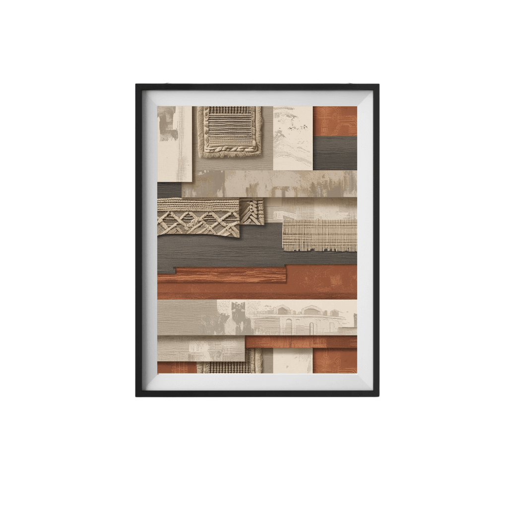 Layered boho wall art print with woven textures and earthy tones, ideal for modern home decor.