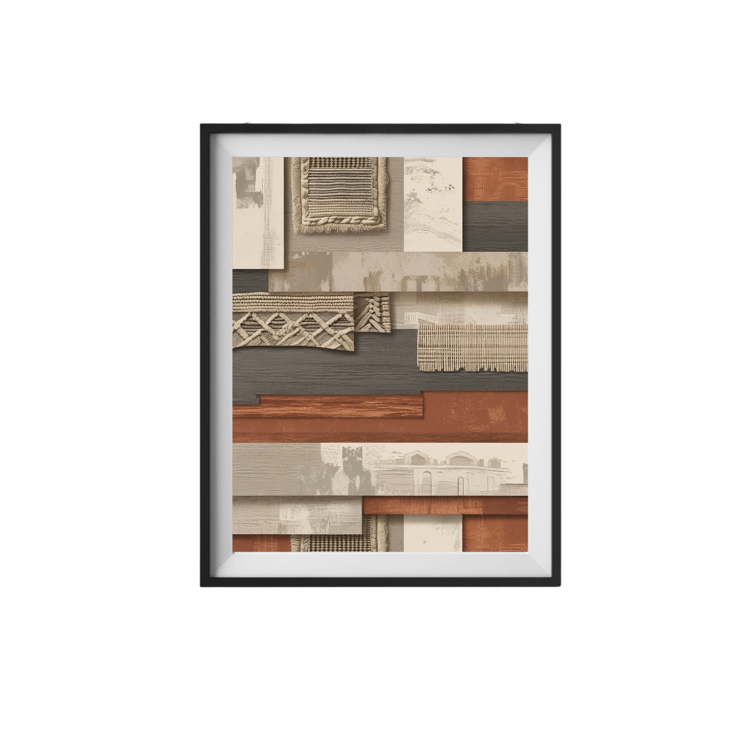 Layered boho wall art print with woven textures and earthy tones, ideal for modern home decor.
