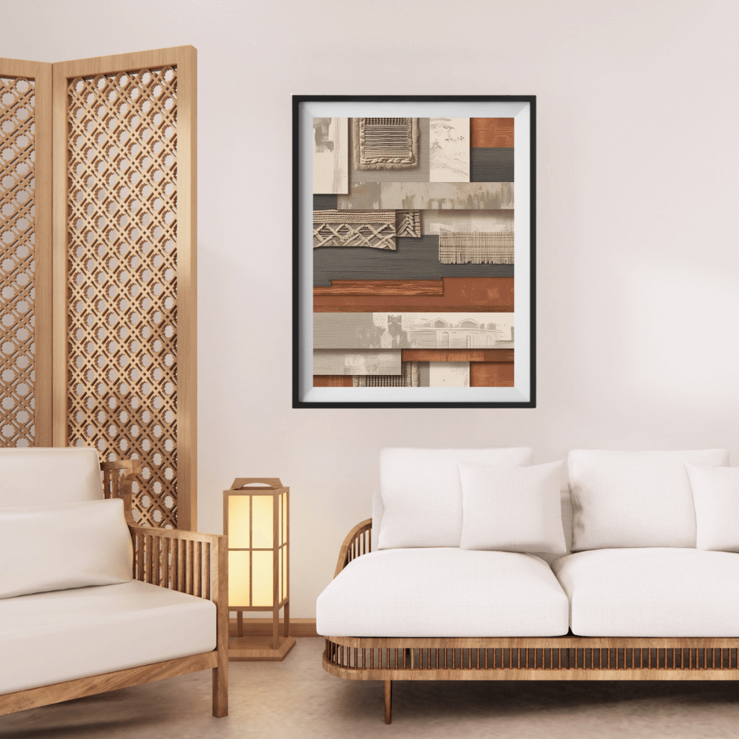 Layered boho wall art print in a modern living room with neutral colors and woven textures.