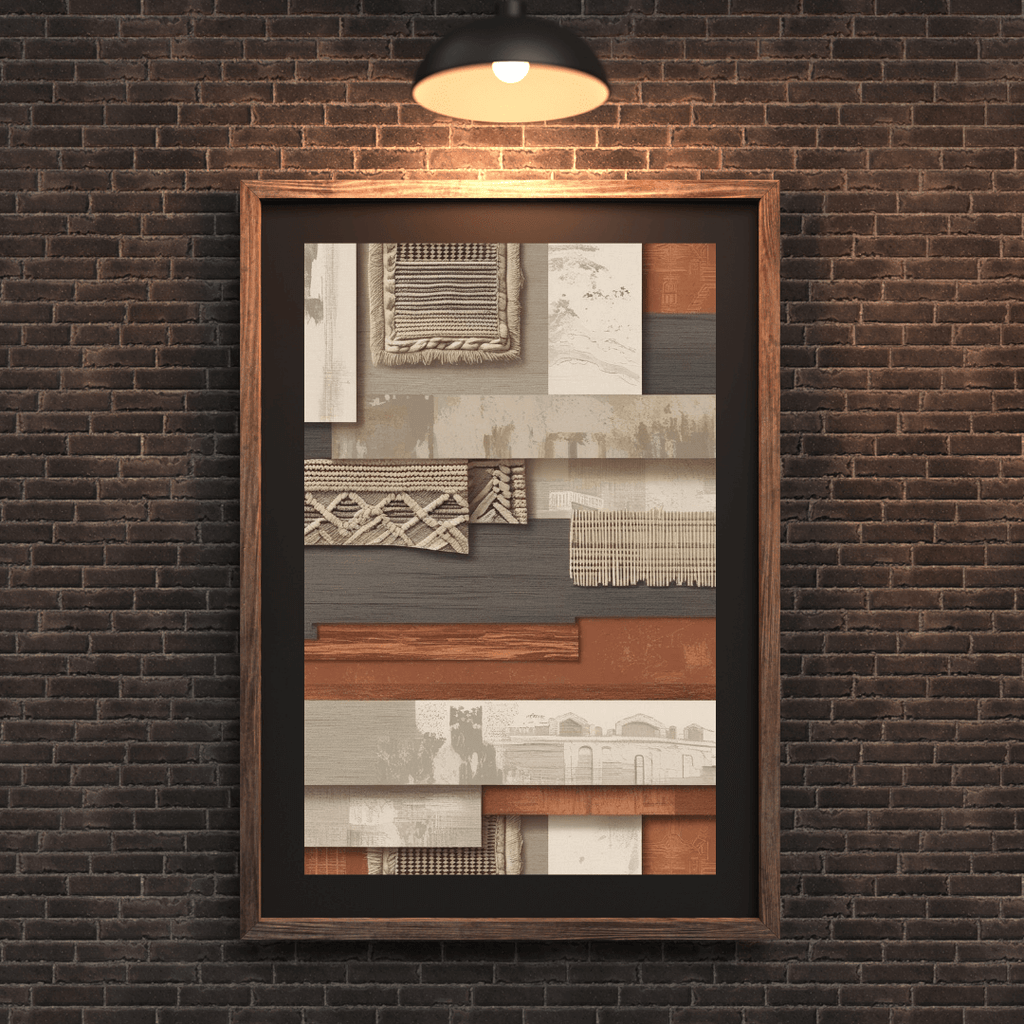 Layered boho wall art print showcasing woven textile patterns and neutral shades, perfect for modern home decor.