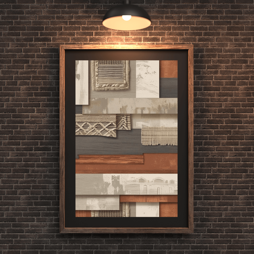 Layered boho wall art print showcasing woven textile patterns and neutral shades, perfect for modern home decor.