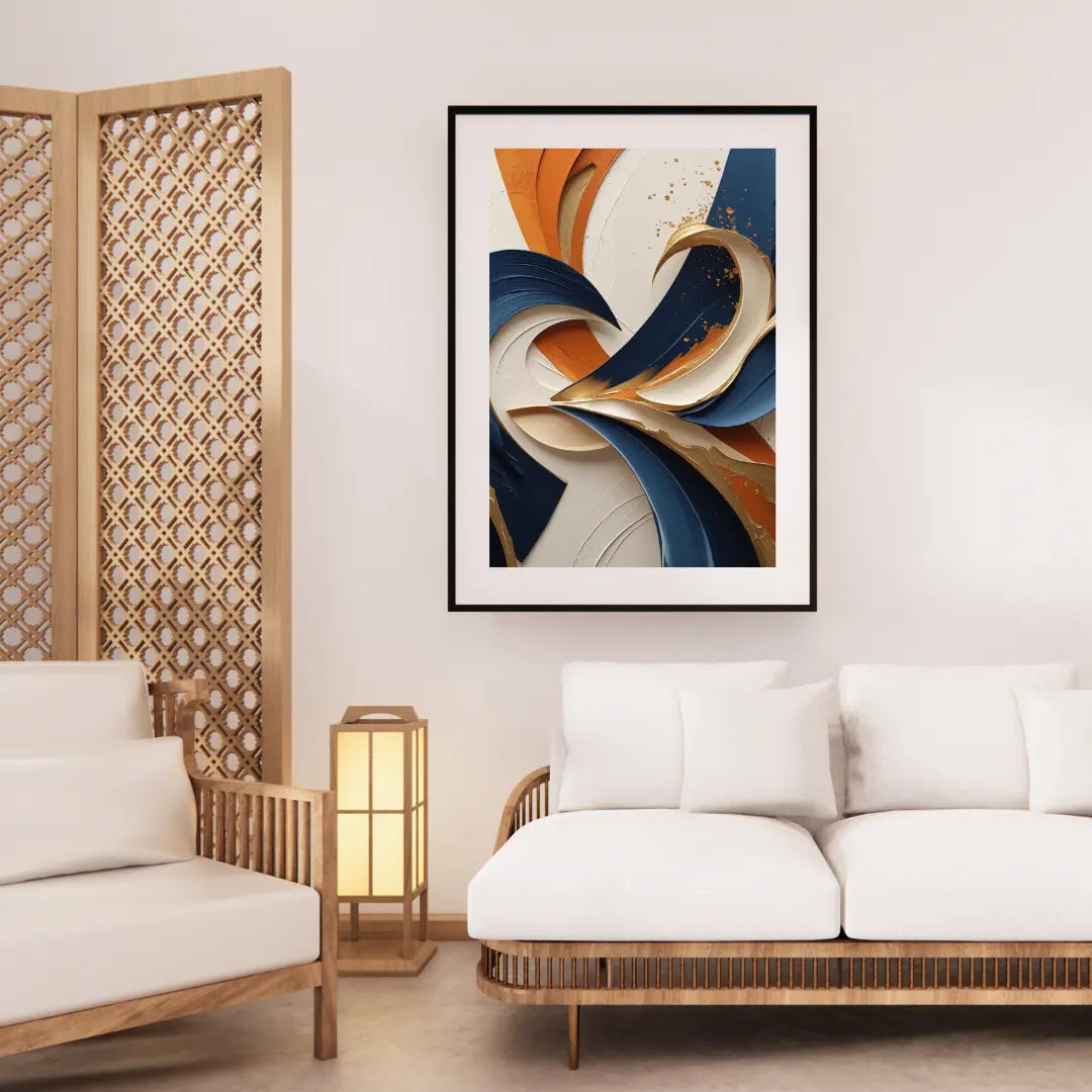 Modern living room with abstract art on the wall, white sofa, and wooden armchair.