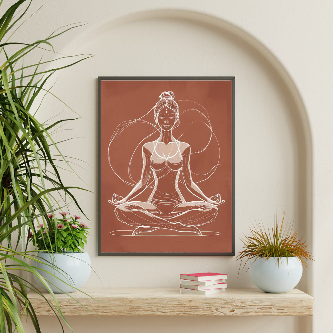 Framed artwork of a woman in a meditative pose on a wall with plants and books below.