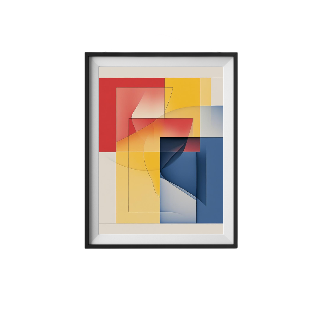 Framed abstract art with geometric shapes in red, yellow, and blue on a white background