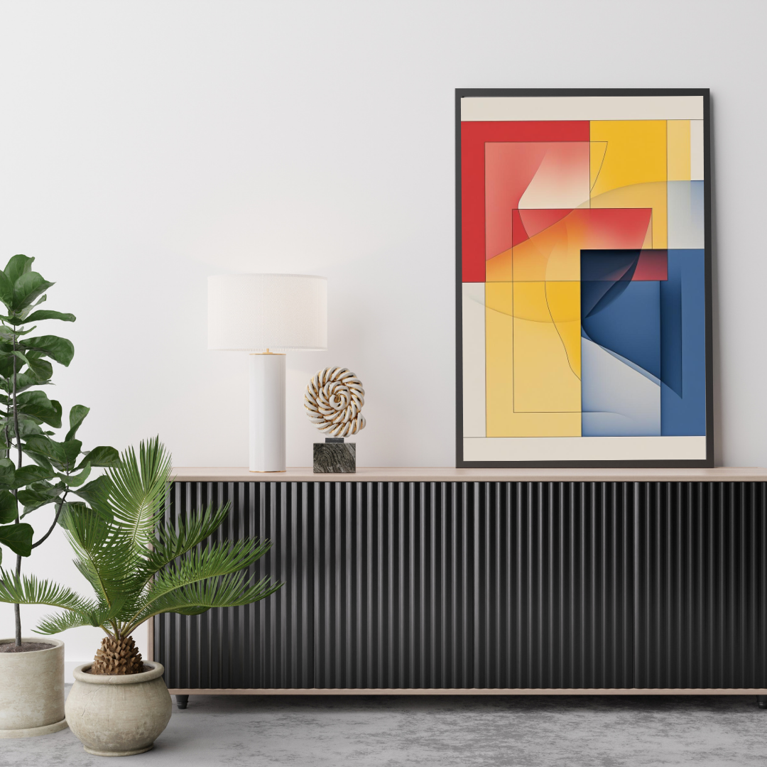 Modern interior with abstract art on a wall, plants, and decorative items.