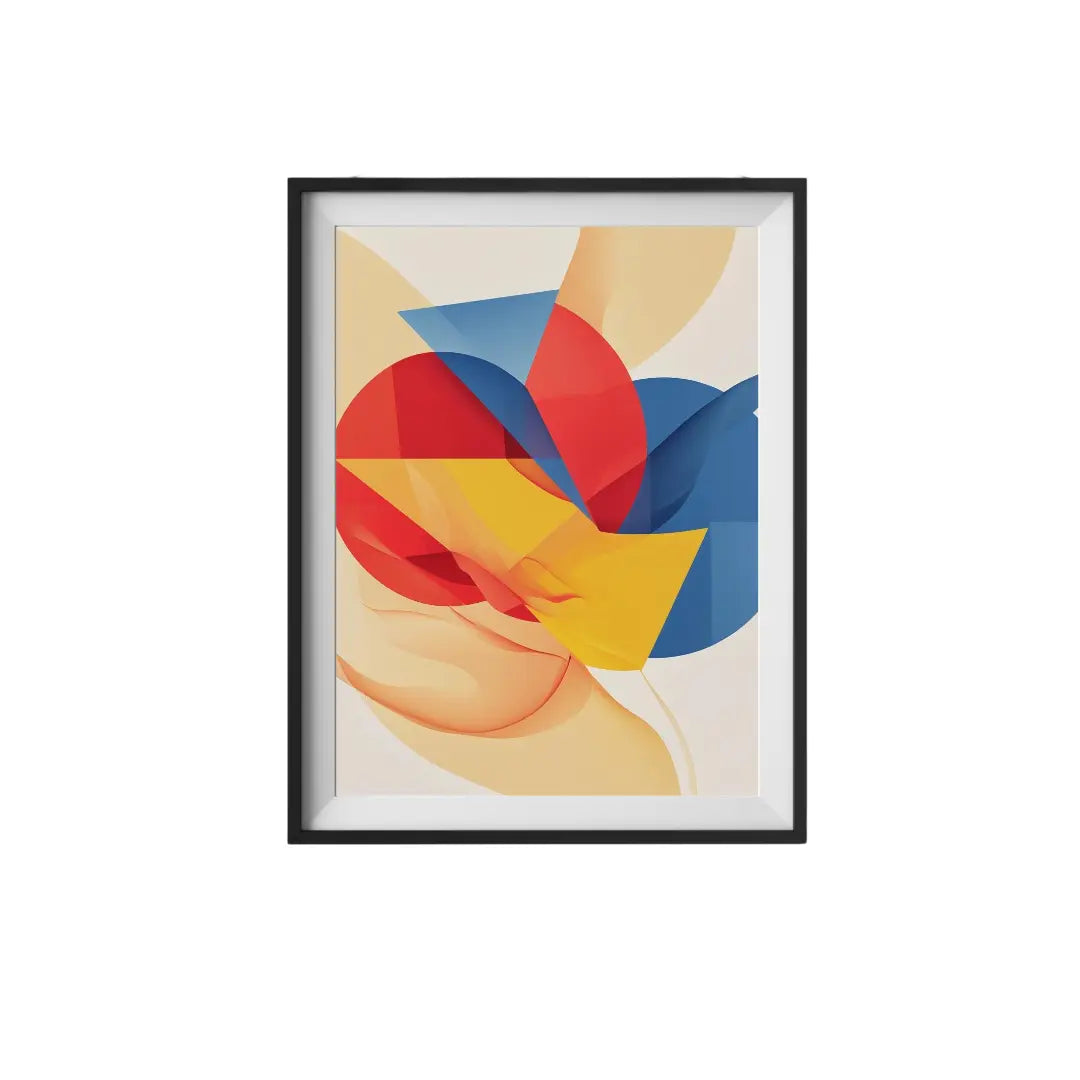 Framed abstract art print with colorful geometric shapes on a white background