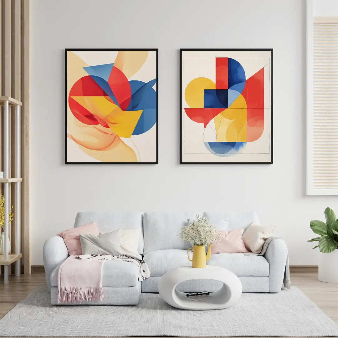 Modern living room with a gray sofa, colorful abstract art on the wall, and a small round table.