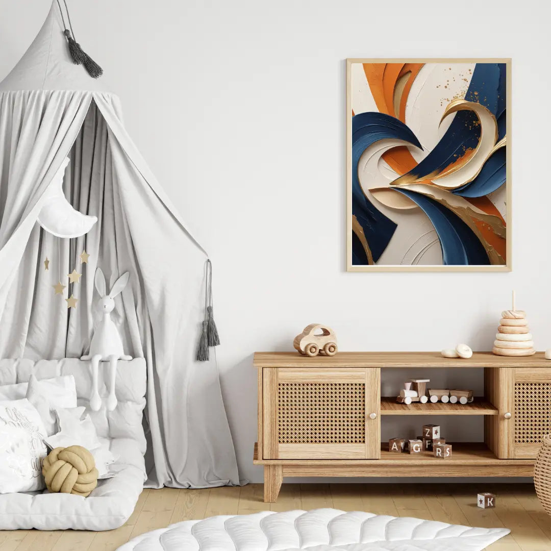 Children's room with a teepee, wooden cabinet, and abstract art on the wall.