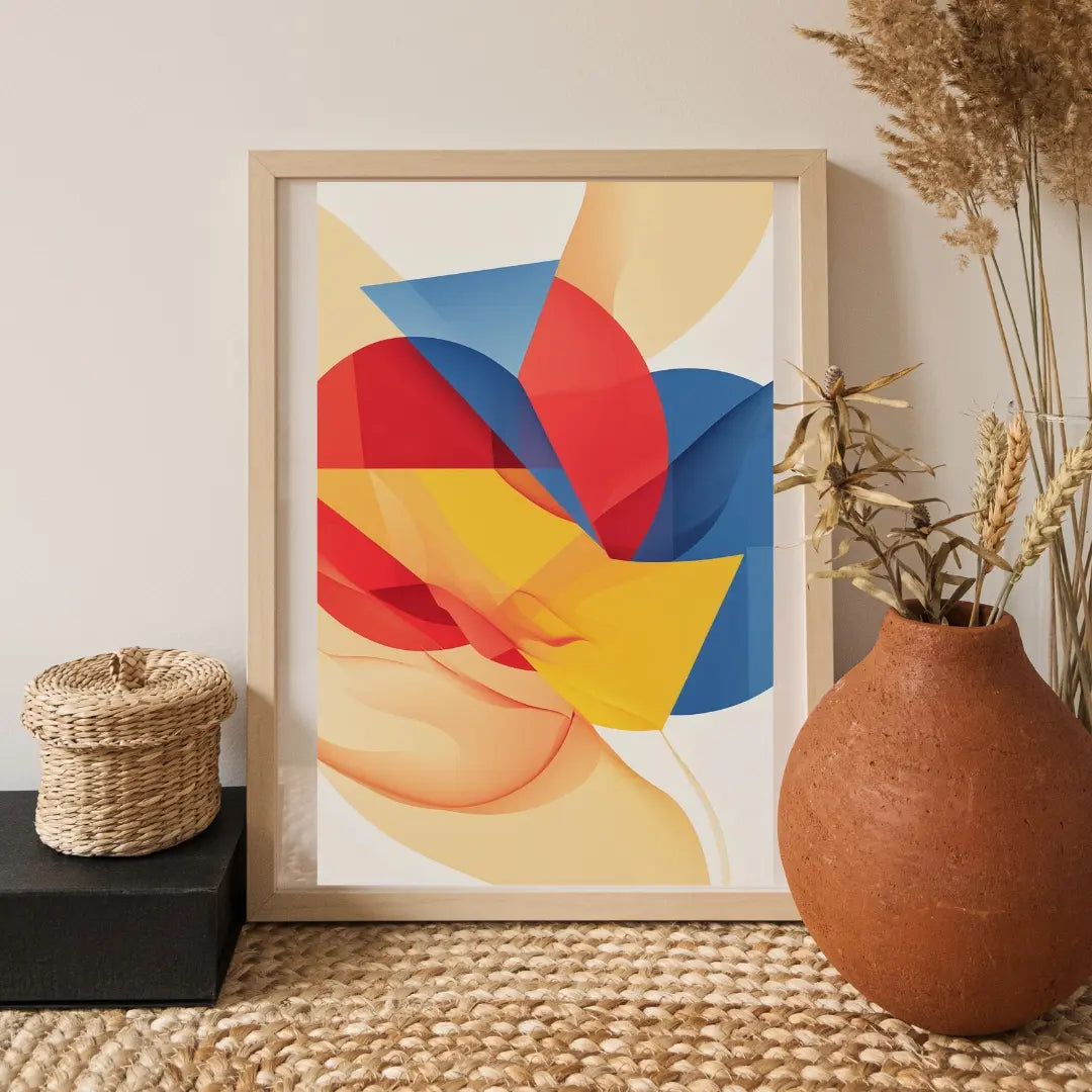 Framed abstract art piece with geometric shapes in red, blue, and yellow, placed on a textured surface with decorative elements.