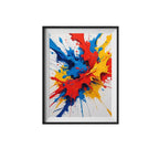Framed abstract art print with blue, red, and yellow splashes on a white background