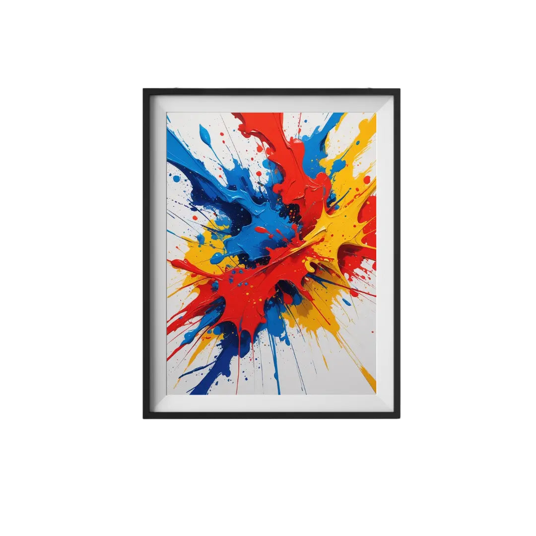 Framed abstract art print with blue, red, and yellow splashes on a white background