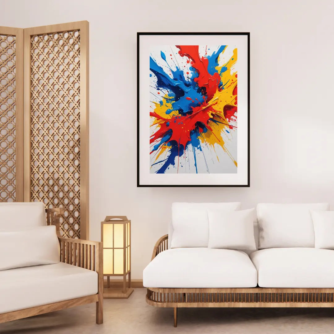 Colorful abstract painting on a wall in a living room with white furniture and wooden decor.