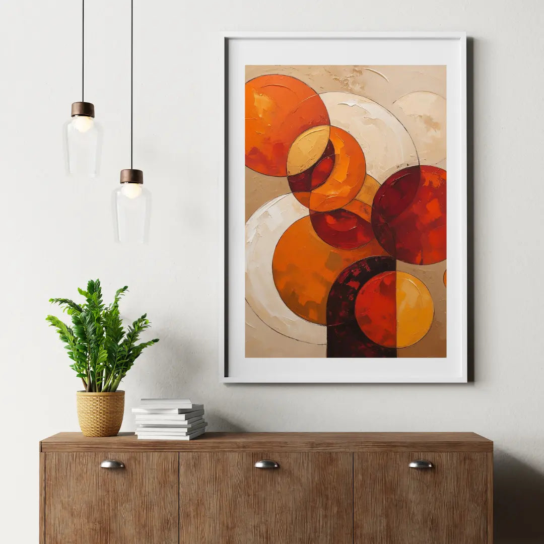 Abstract art print on a wall above a wooden cabinet with a plant and books.