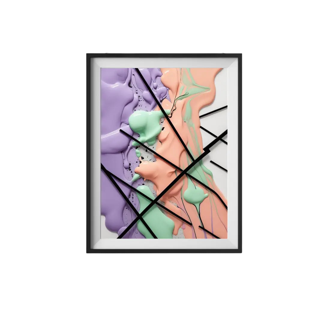 Framed abstract art with purple, green, and peach colors on a white background
