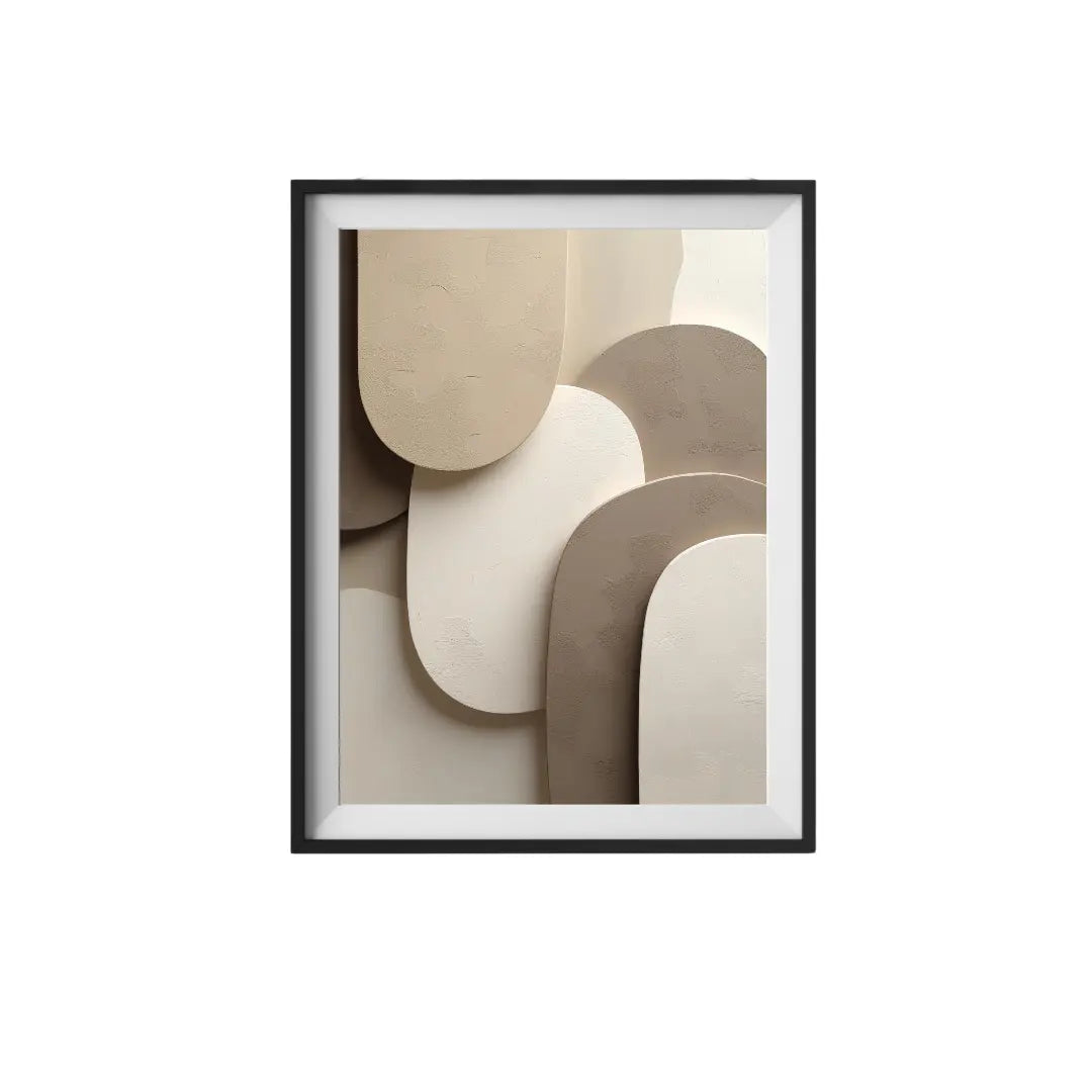 Framed abstract art print with beige and brown shapes on a white background