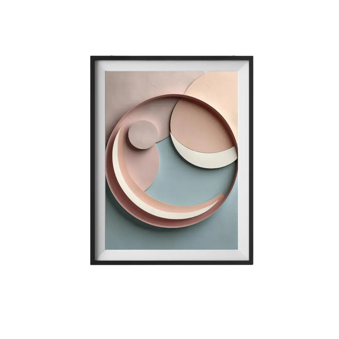 Framed abstract art with geometric shapes on a white background