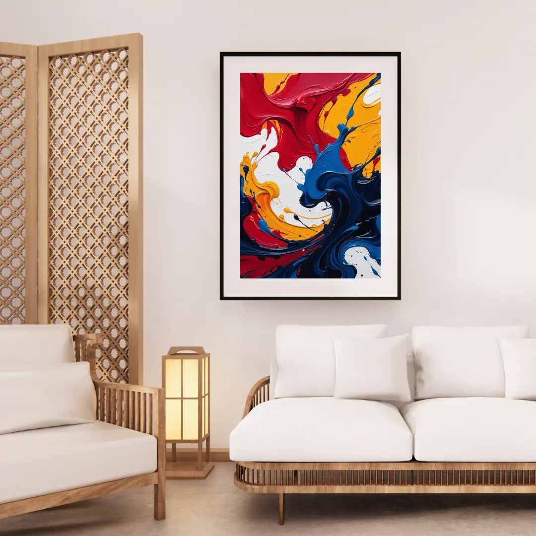 Colorful abstract painting on a wall in a living room with white furniture and a wooden screen.